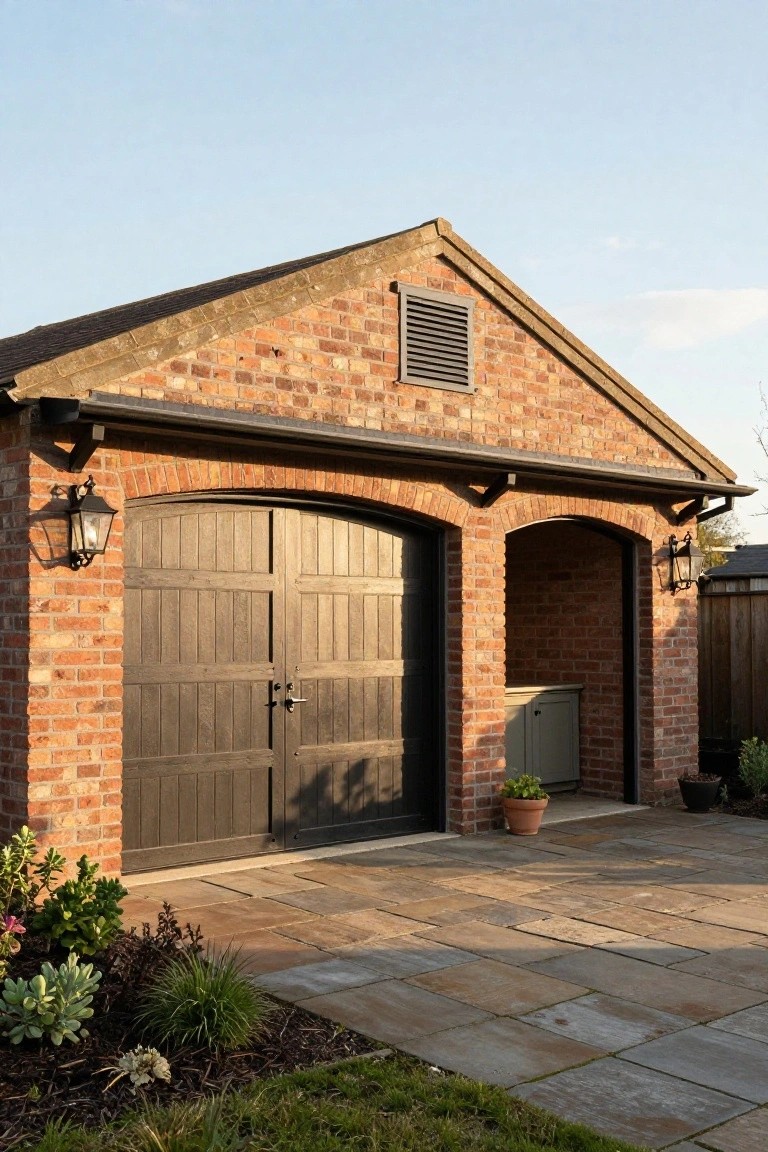 Red brick garage with wooden double doors, open archway, and black lanterns on stone driveway.