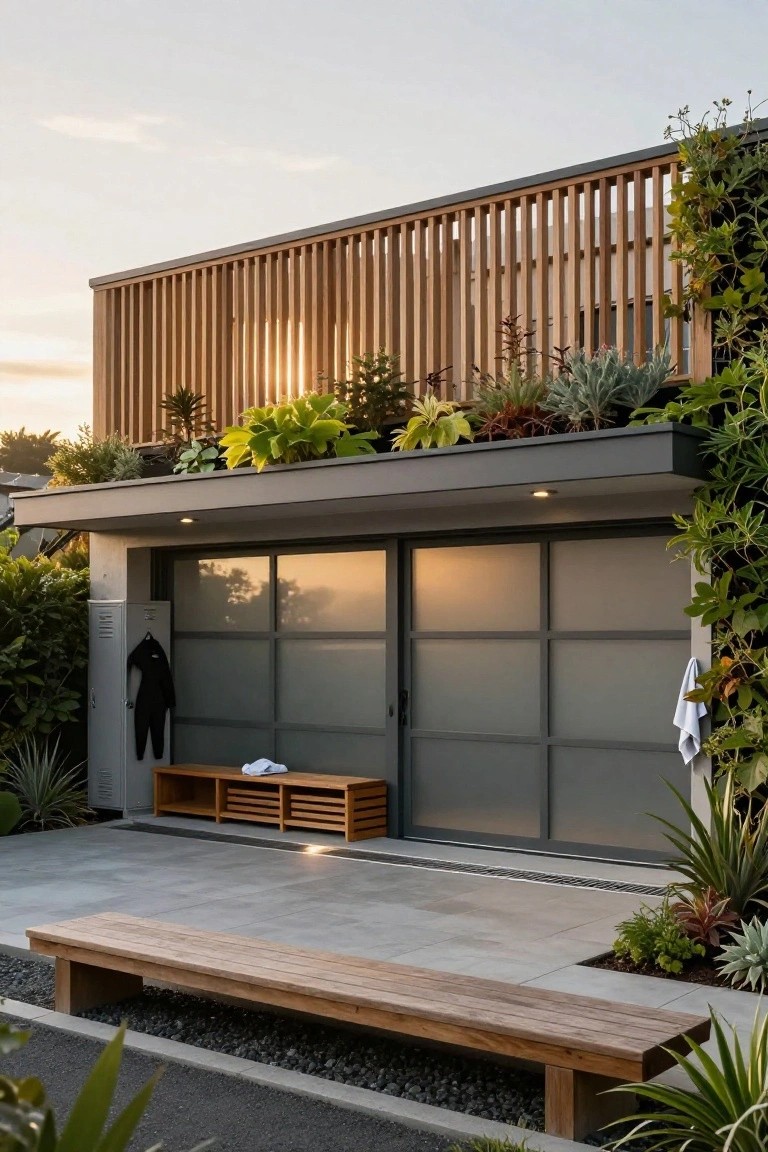 A modern two-car garage with frosted glass doors, a gray metal storage locker on the left side, a wooden bench inside the covered area, and another wooden bench in the foreground with surrounding plants.