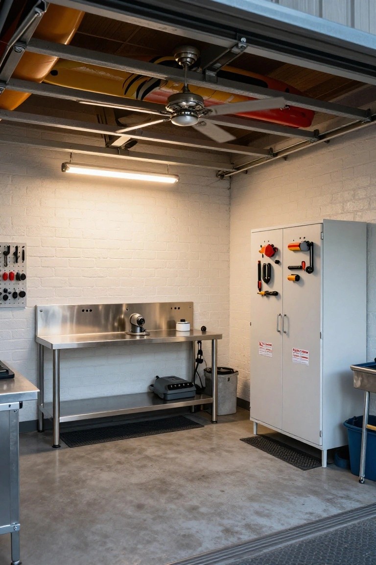 Interior of a two-car garage showing a stainless steel workbench against a white brick wall, a tall gray storage cabinet with wall-mounted tools on its side, and kayaks stored on overhead racks.