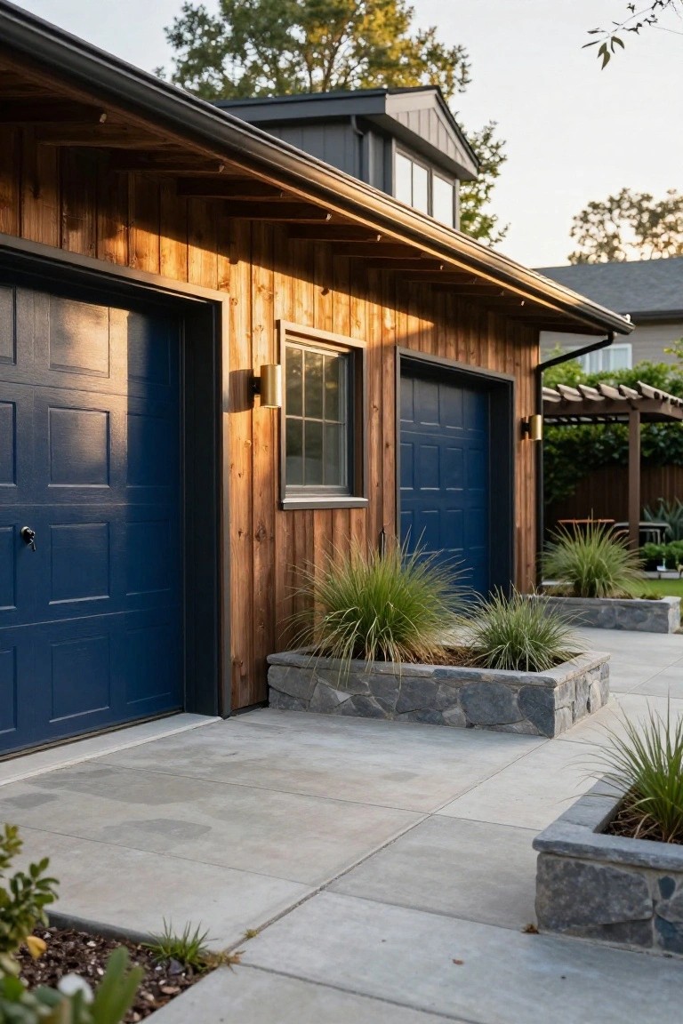 A wooden exterior of a two-car detached garage with two dark blue doors, a window between them, wall sconces, and stone planters along the concrete driveway.