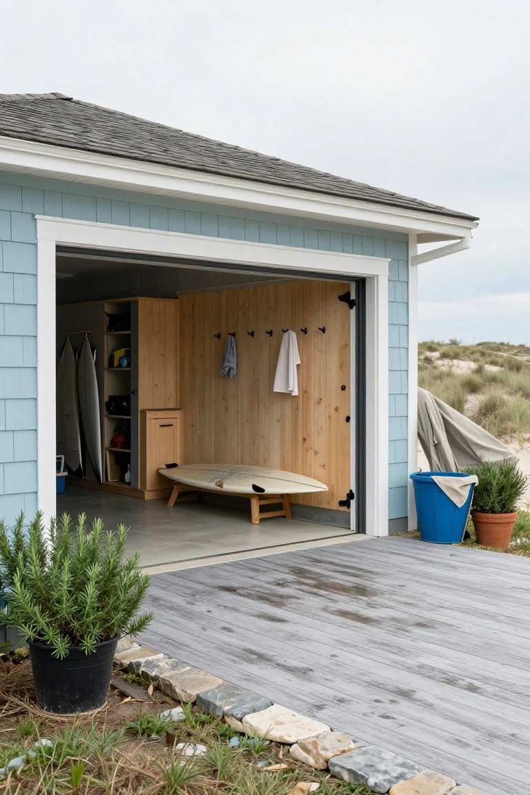 Light blue detached garage with open door revealing light wood interior walls fitted with black hooks, a surfboard on a stand, and built-in storage cabinets.