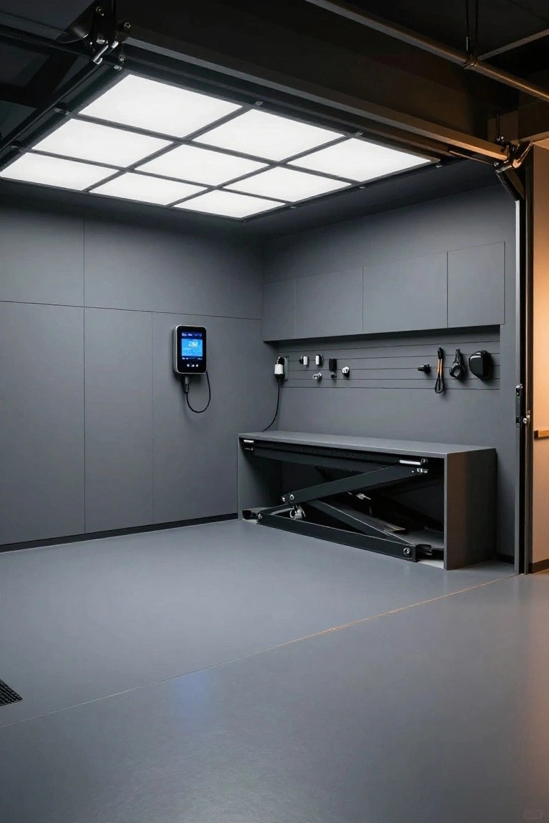 Modern garage interior with a black scissor lift, gray walls, wall-mounted storage hooks, and a digital control panel.