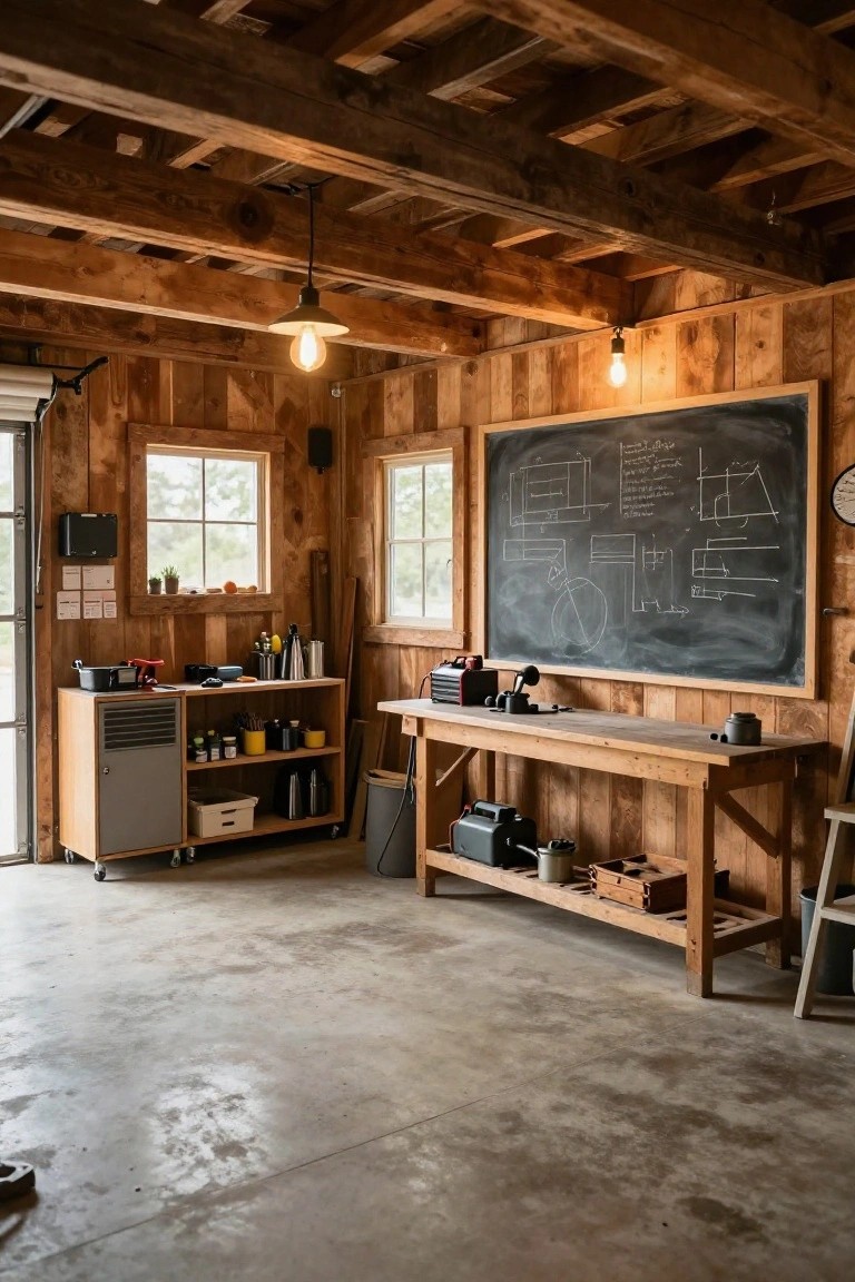A wooden garage interior with a large chalkboard covered in technical sketches above a long workbench.