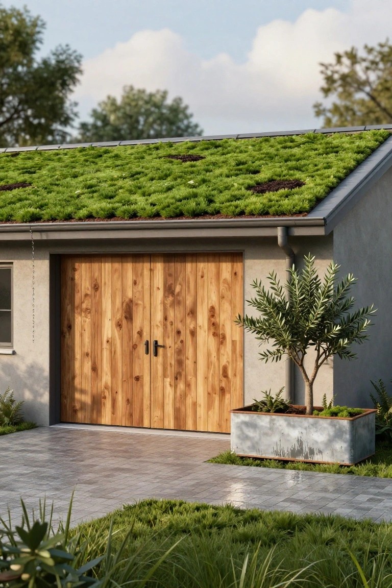Modern house with green living roof, wooden garage doors, and potted olive tree.