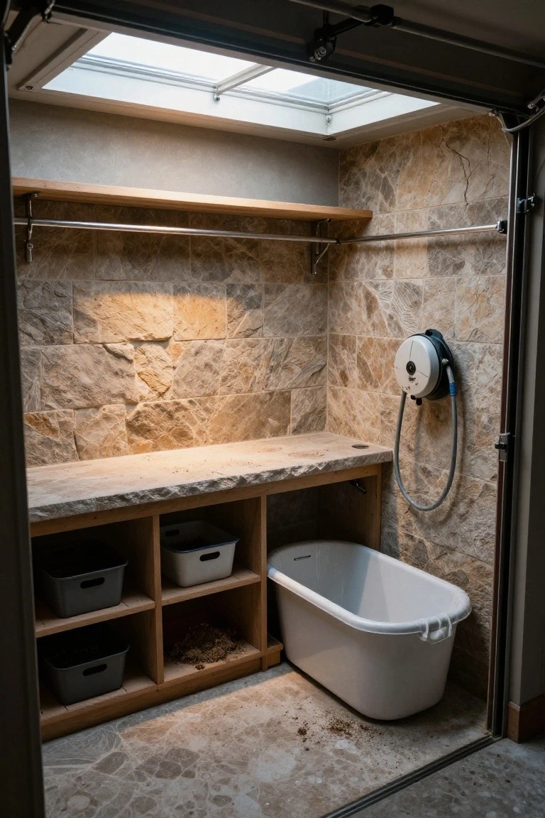 A garage interior with stone tile walls, a white utility tub, wooden storage shelves holding bins, and a skylight above.