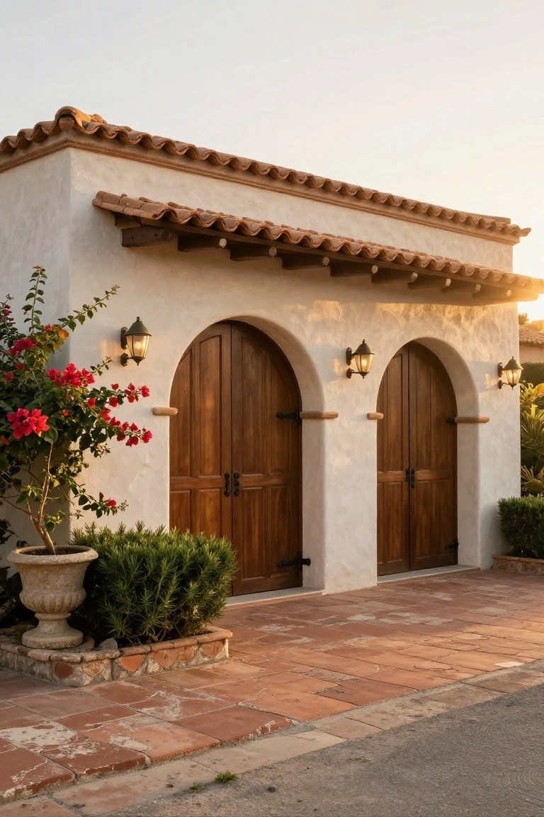 Two wooden double garage doors set inside arched openings on a stucco house wall with a terracotta tile roof and wall lanterns.