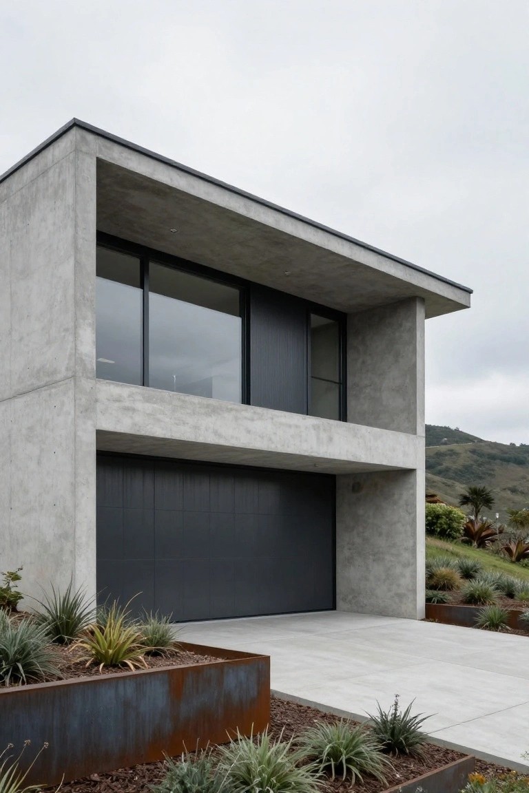 Modern concrete house with large windows, black garage door, and metal planters.