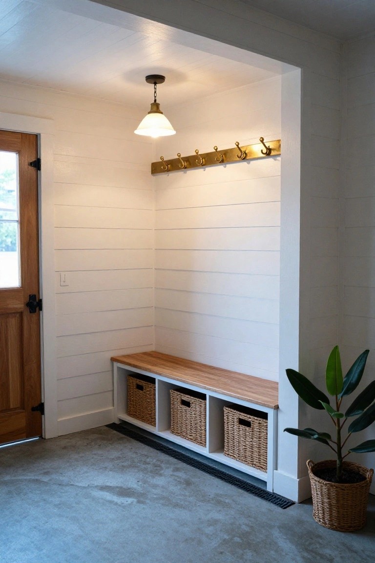 An interior entry space with white shiplap walls, a wooden bench with white frame holding three woven baskets in open cubbies, brass hooks mounted on the wall above, and a potted plant to the side.