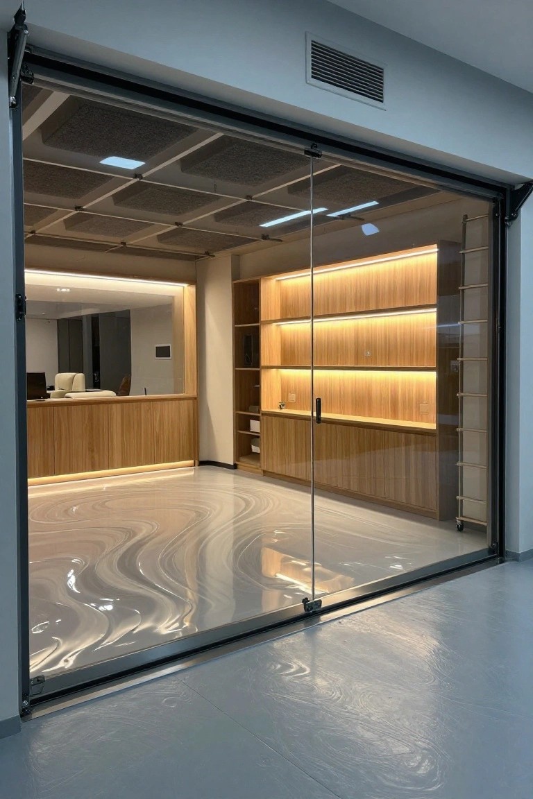 A modern interior space viewed through open glass sliding doors, showing wooden built-in shelving with integrated lighting and a glossy marbled floor.
