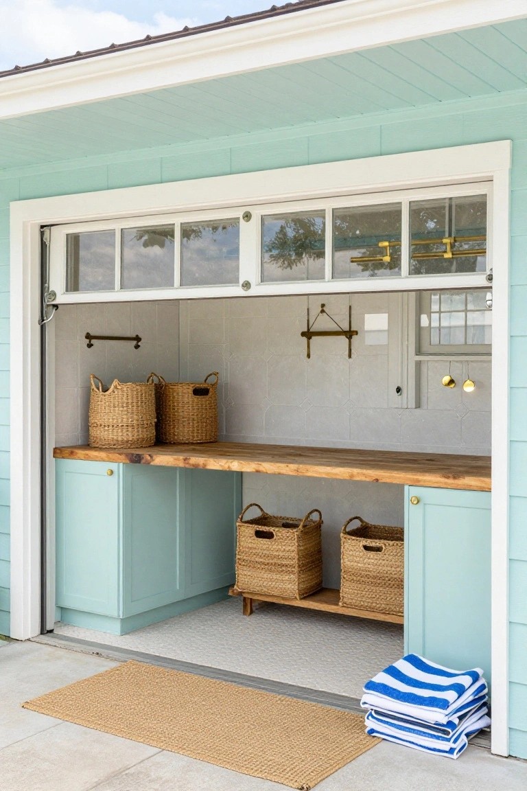 Garage interior with light blue built-in cabinets, a wooden countertop, and woven storage baskets.