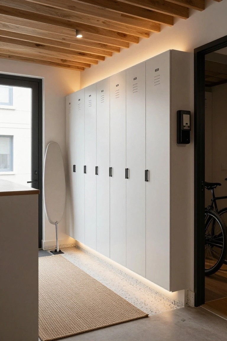 A long row of white metal lockers with black handles and vents, installed along a wall with base lighting, a woven rug on the floor, and a partial view into an adjacent space with a bicycle.