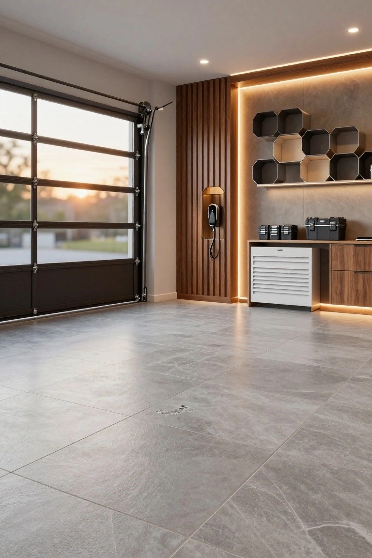 Modern garage interior with gray tiled floor, large sectional door on the left, vertical wood accent wall with hexagonal shelves, mounted EV charger, and white storage cabinet with wood drawers.