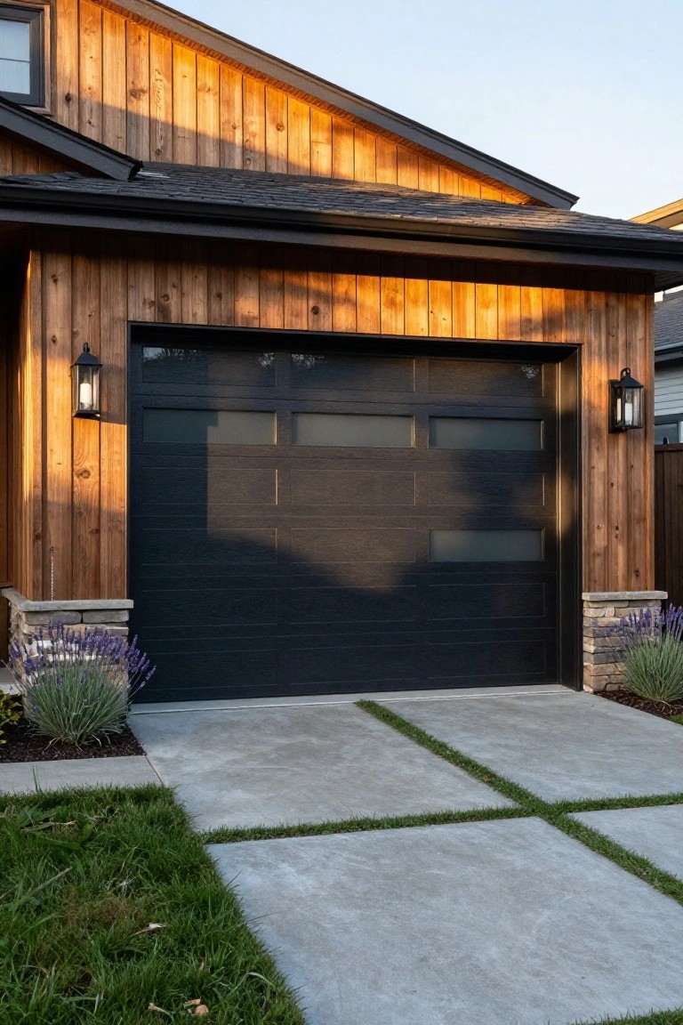 A modern house exterior with horizontal wood siding shows a large dark garage door with frosted glass panels set between two wall lanterns and stone bases.