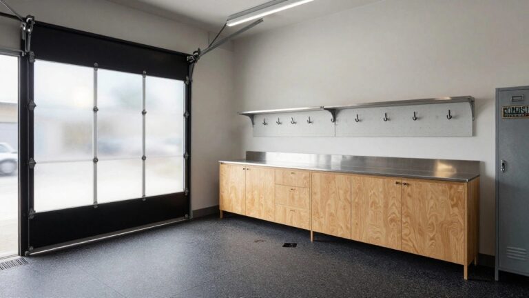 A modern garage interior with wooden cabinets, stainless steel counters, and a frosted sliding glass door partially open.