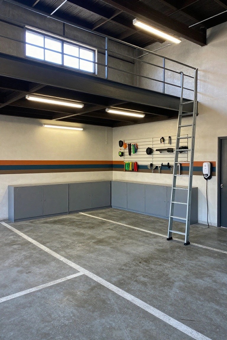 An empty garage interior with gray storage cabinets, wall-mounted tool racks, a metal ladder leading to a mezzanine level, and parking lines on the concrete floor.