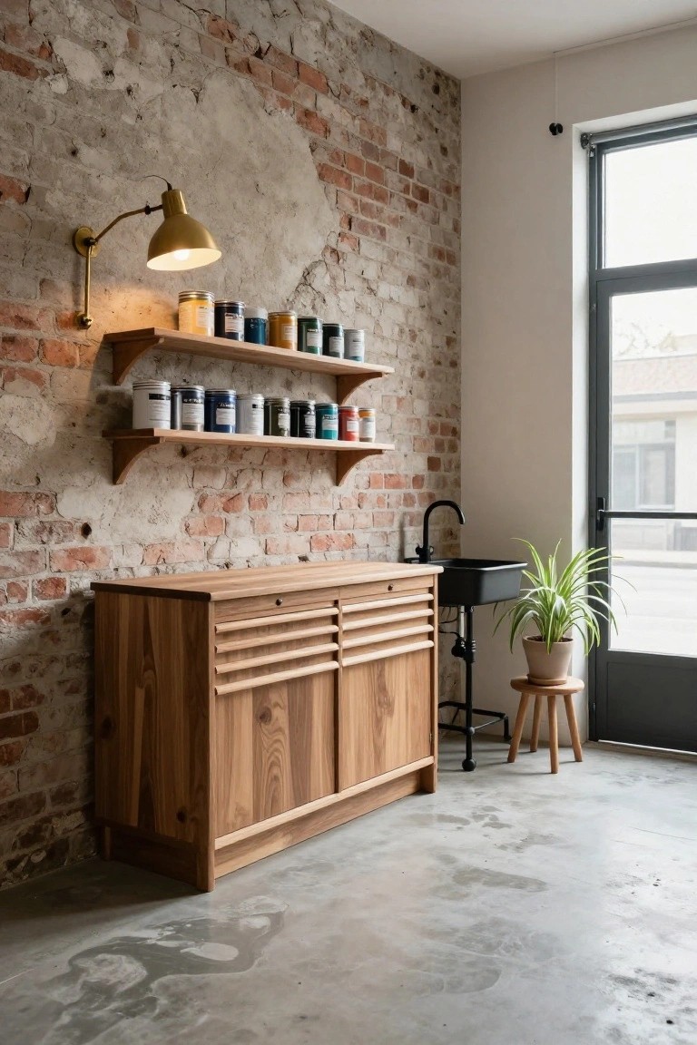 Wooden storage cabinet with two floating shelves above it holding paint cans, set against an exposed brick wall.