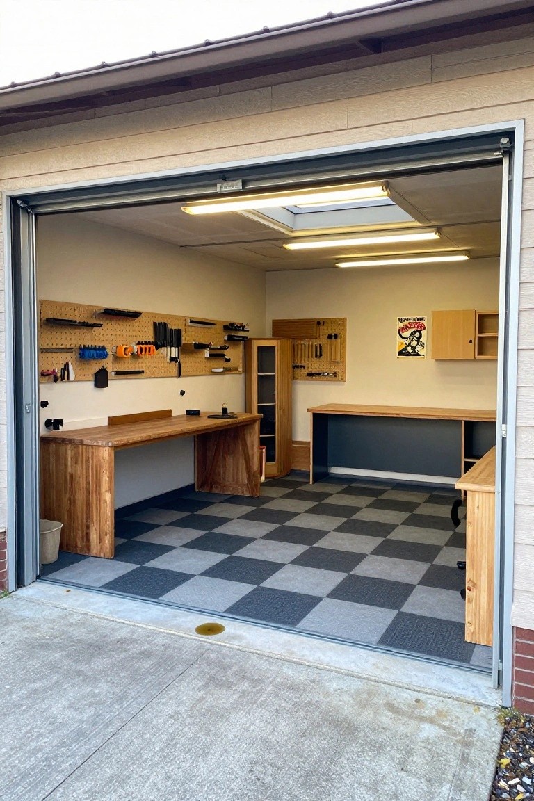 Organized garage workshop with wooden benches, pegboard tools, and checkered floor