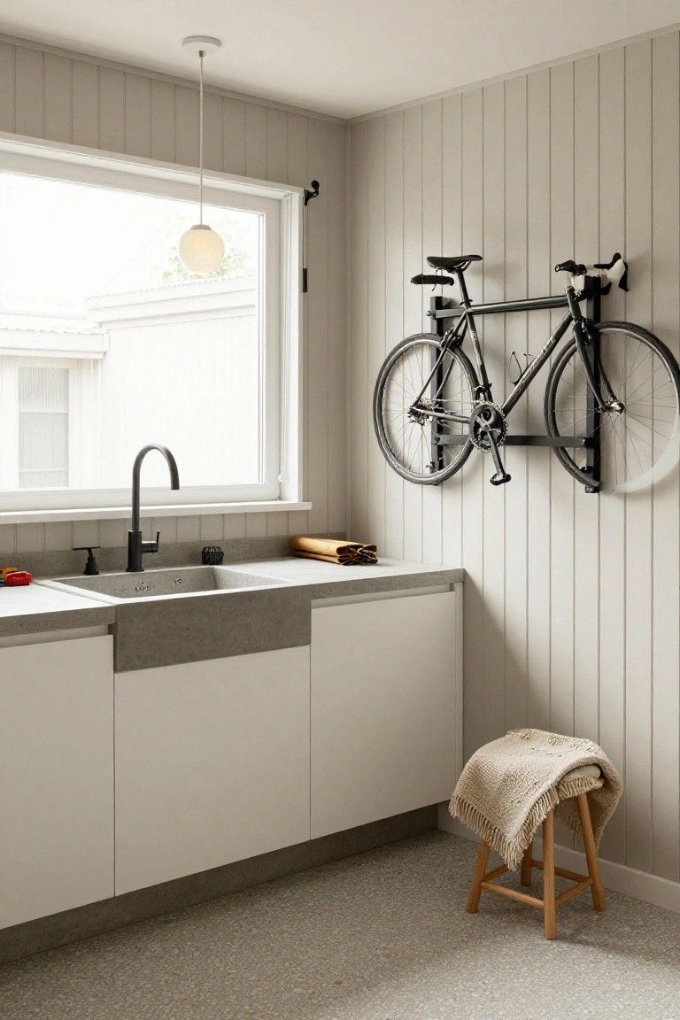 A black bicycle is mounted horizontally on a black wall rack against light gray vertical paneling in a room with white cabinets and a concrete countertop.