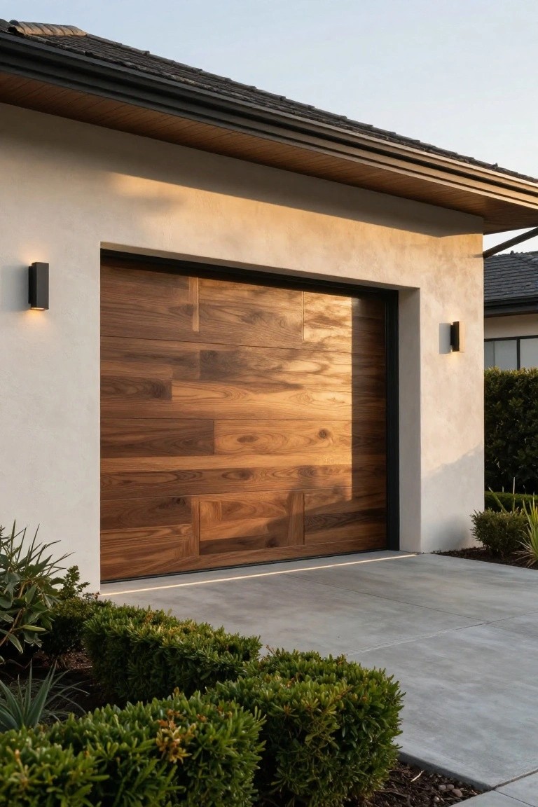 A modern house exterior with a large wooden garage door made of horizontal planks, set into a light stucco wall with black trim, wall sconces, and green shrubs in front.