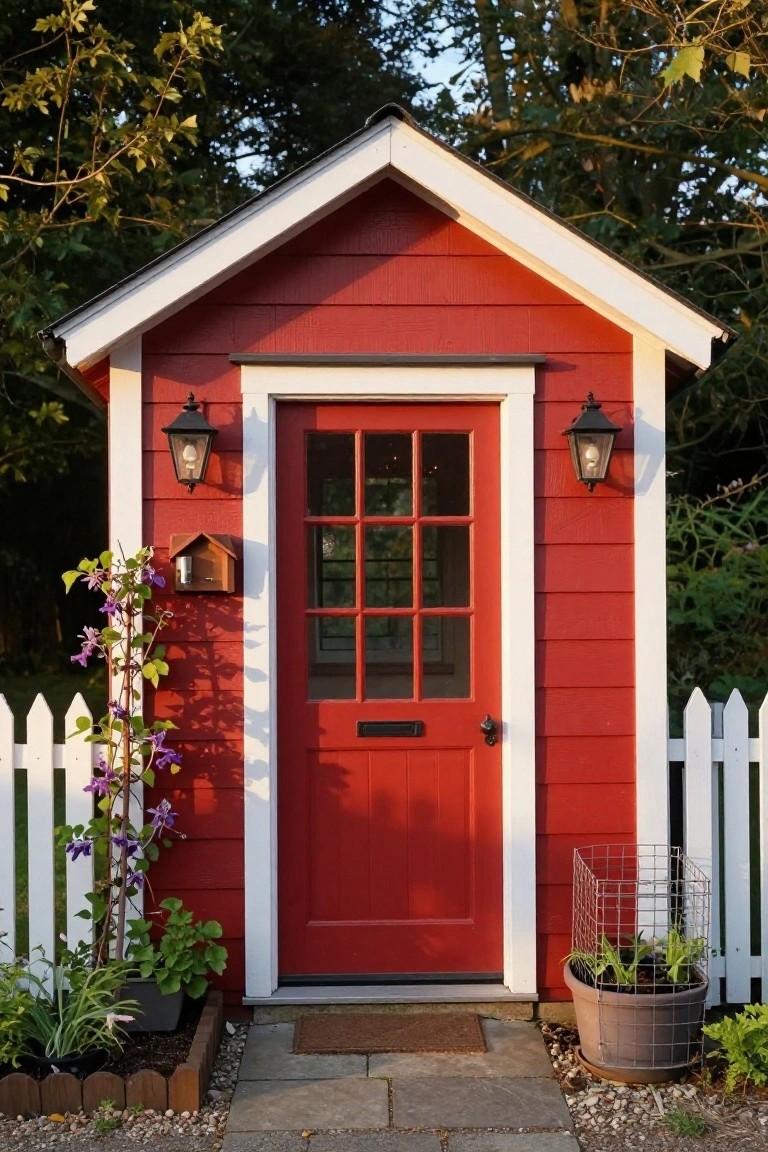 Red shed with white trim, red door, black lanterns, white fence, and flowers.