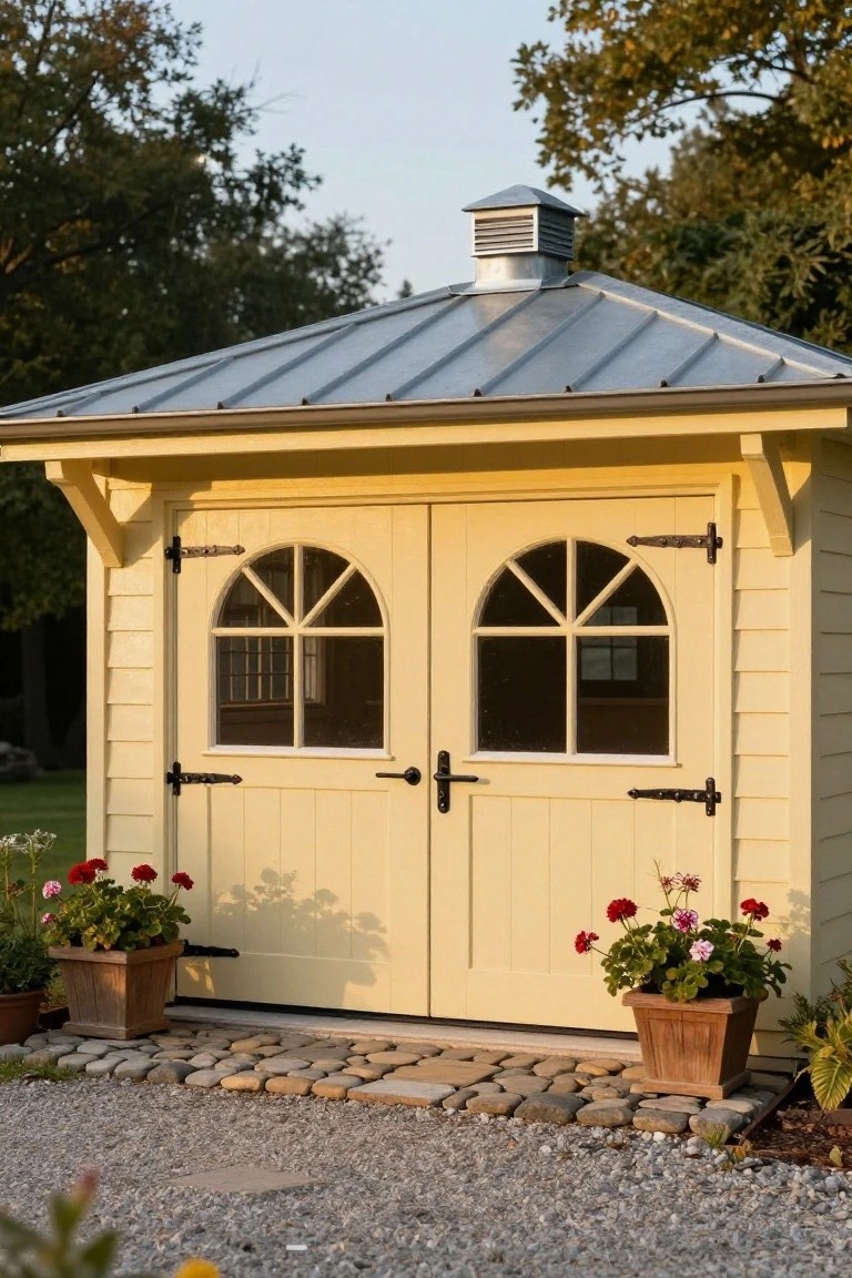 A pale yellow detached garage with double doors featuring arched divided-light windows, a metal roof, and potted flowers on a stone path in front.