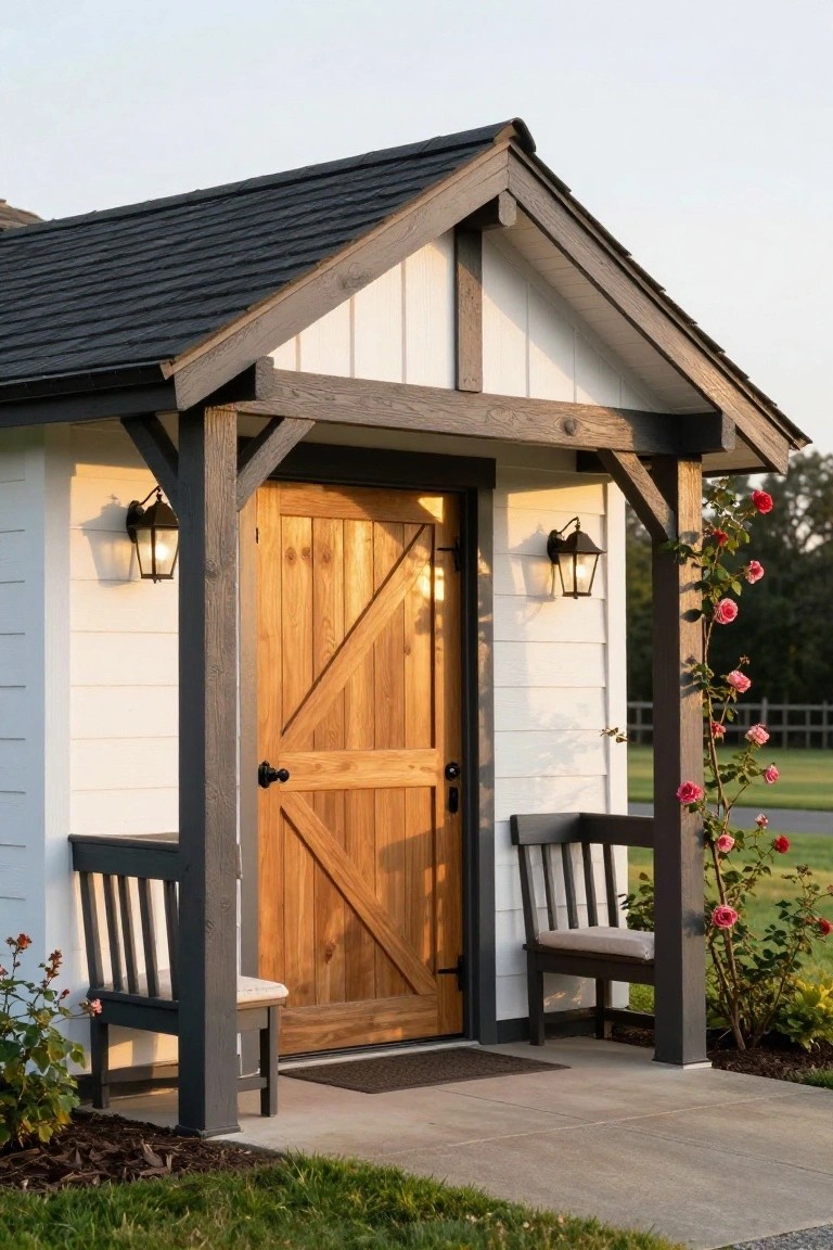A detached garage with white siding, dark trim, a wooden barn-style door, two benches under the covered entry, and a climbing rose on one post.