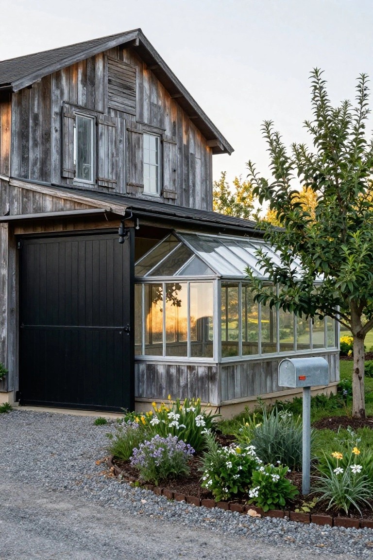 A barn-style detached garage with weathered gray wood siding, a large black door, and an attached greenhouse, with flowers and a gravel driveway in front.