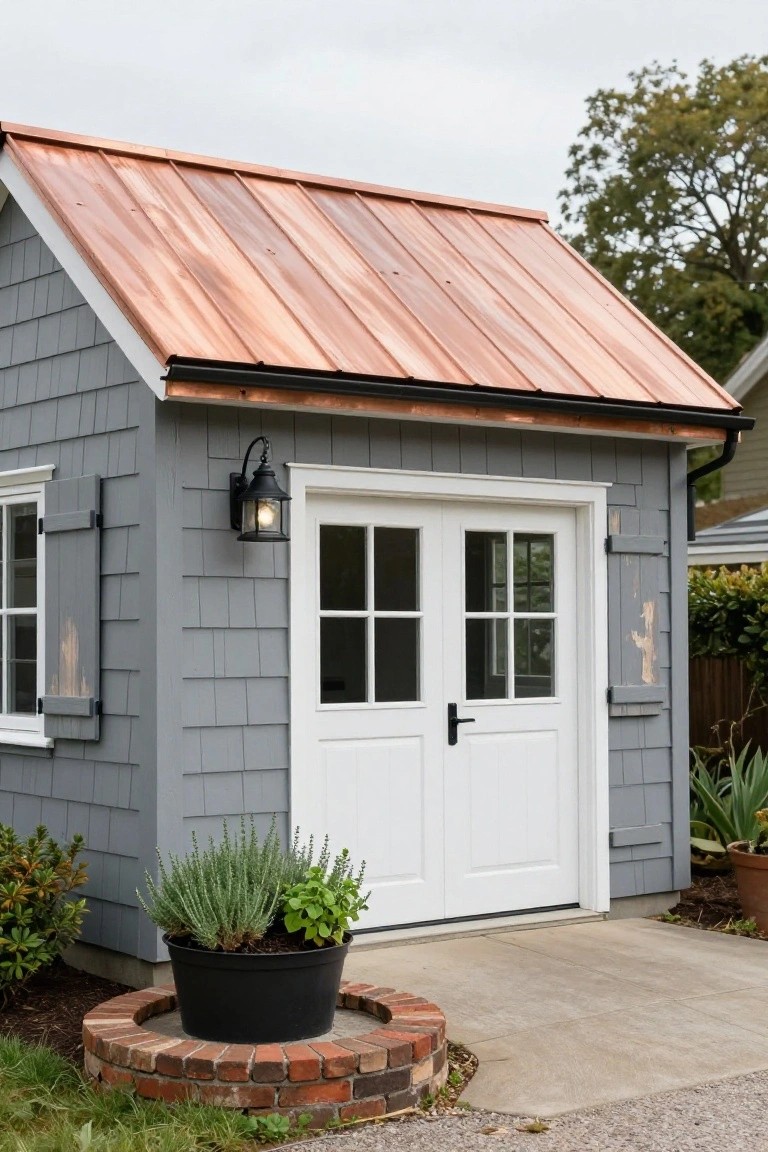 Gray shingled shed with copper roof, white double doors, and potted plant on bricks.