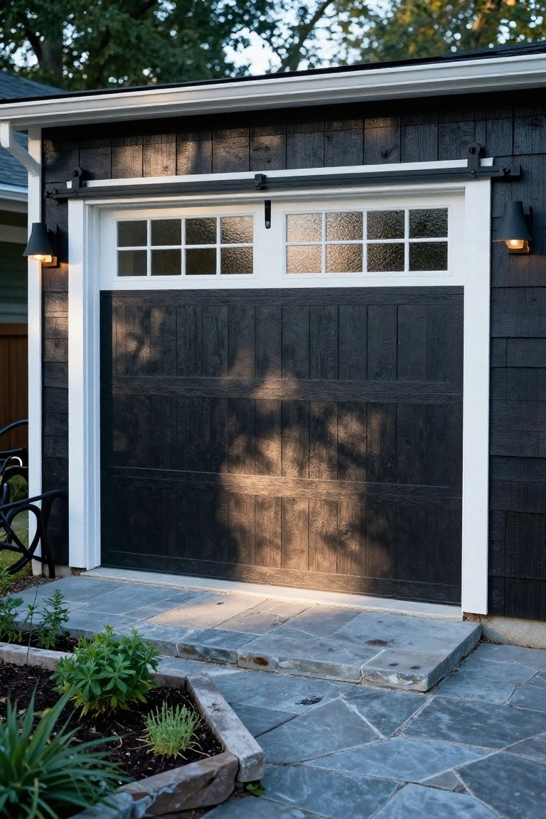 A detached garage with dark wood siding, white trim, and black sliding door hardware above a paneled door, set on a stone patio with plants in the foreground.