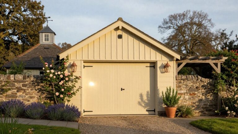 White wooden shed with cupola, lit lanterns, pink roses, and lavender bushes