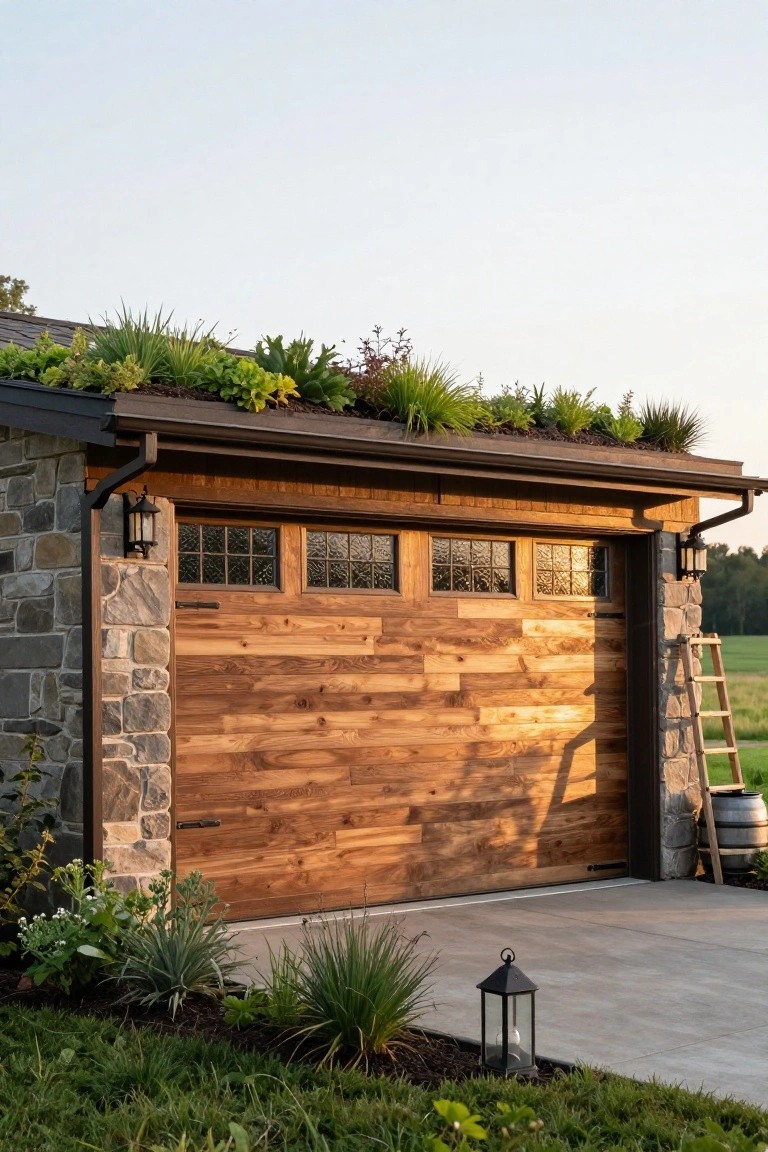 A detached garage with a wooden door, stone side walls, and a flat roof covered in green plants, with lanterns mounted on either side.