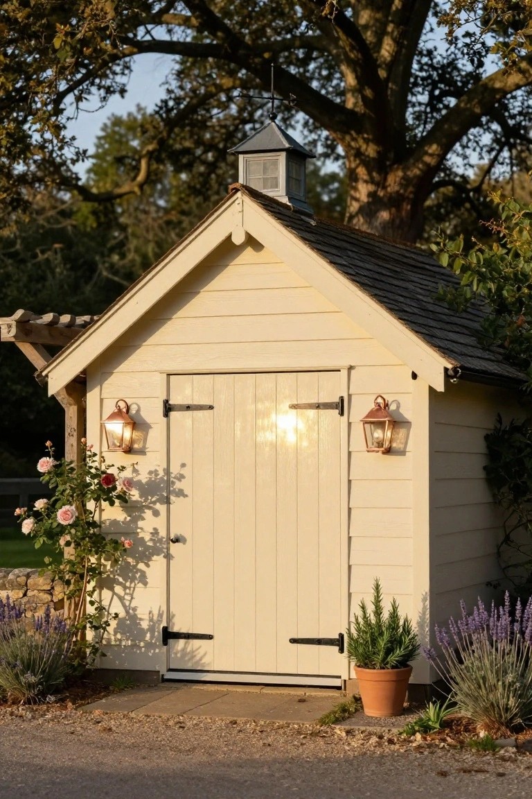 White wooden shed with cupola, lit lanterns, pink roses, and lavender bushes