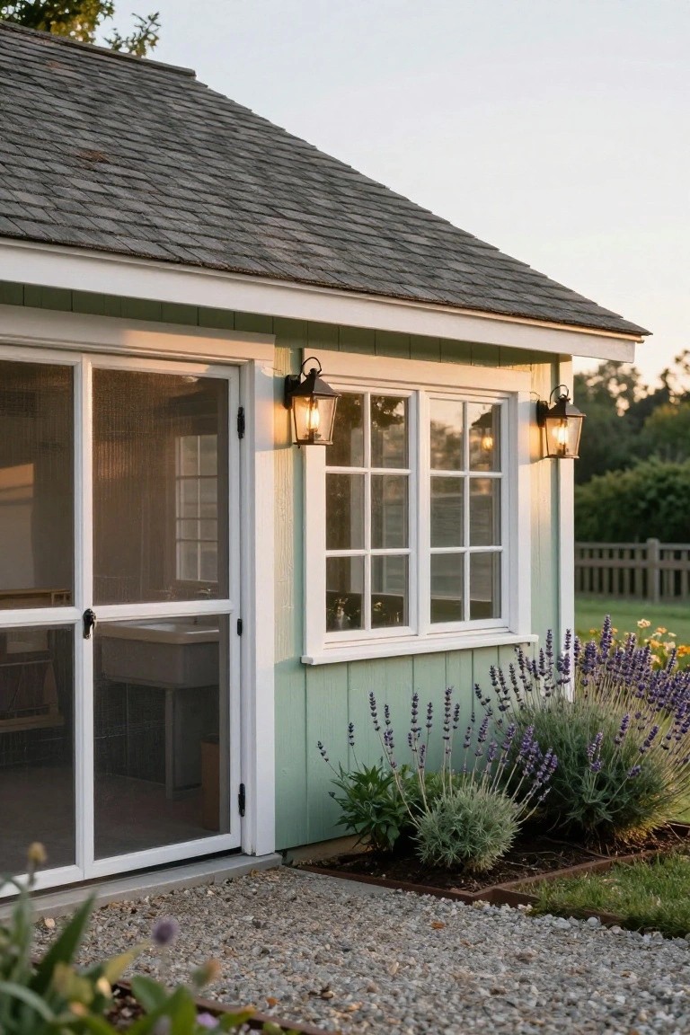 Light green shed with white trim, glowing lanterns, and lavender garden bed.