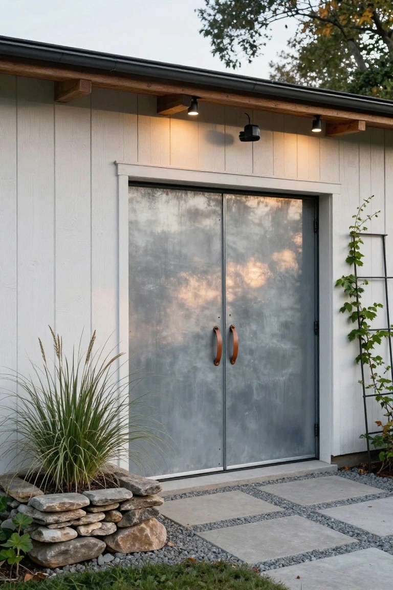 A white vertical siding detached garage with double gray metal doors, brown handles, black exterior lights, and stone landscaping in the foreground.