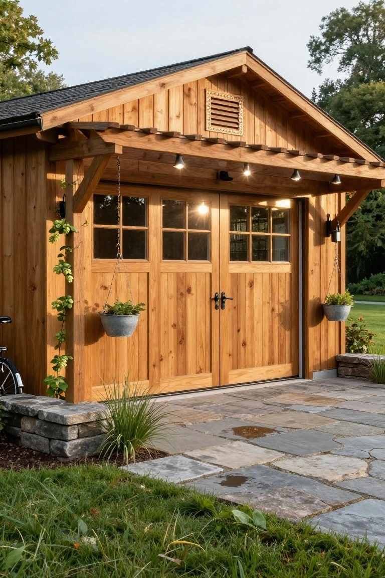 A wooden detached garage with a gabled roof, double doors with glass panes, hanging planters, exterior lights, and a stone patio in front.