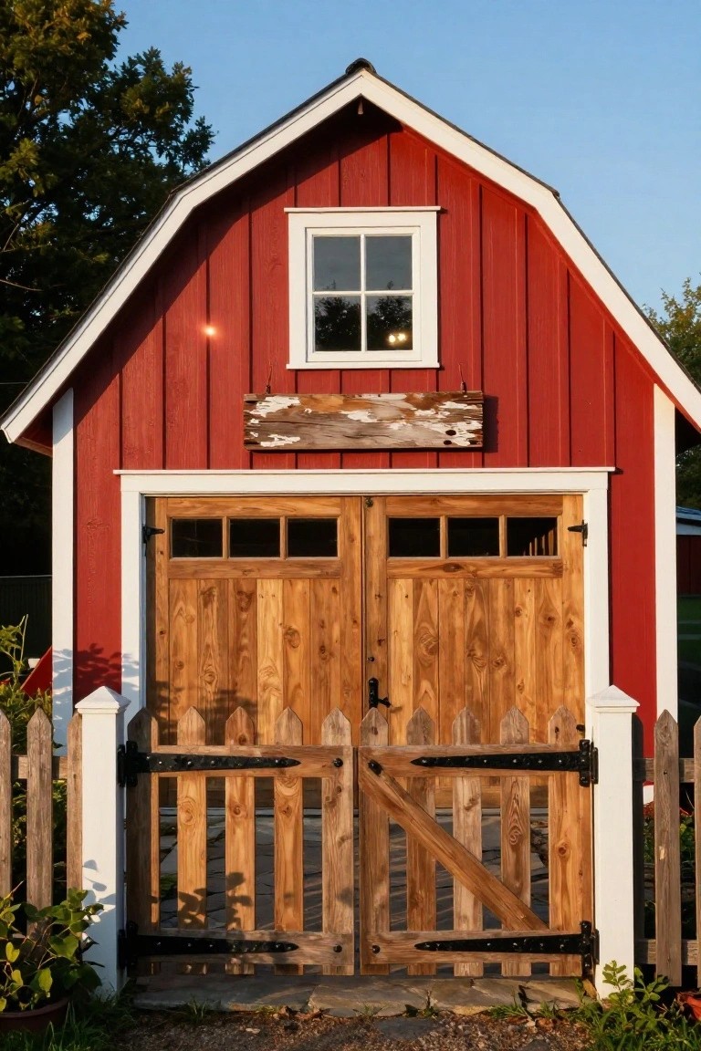 A red barn-style garage with white trim, wooden double doors, a small wooden gate, and a window above the doors.