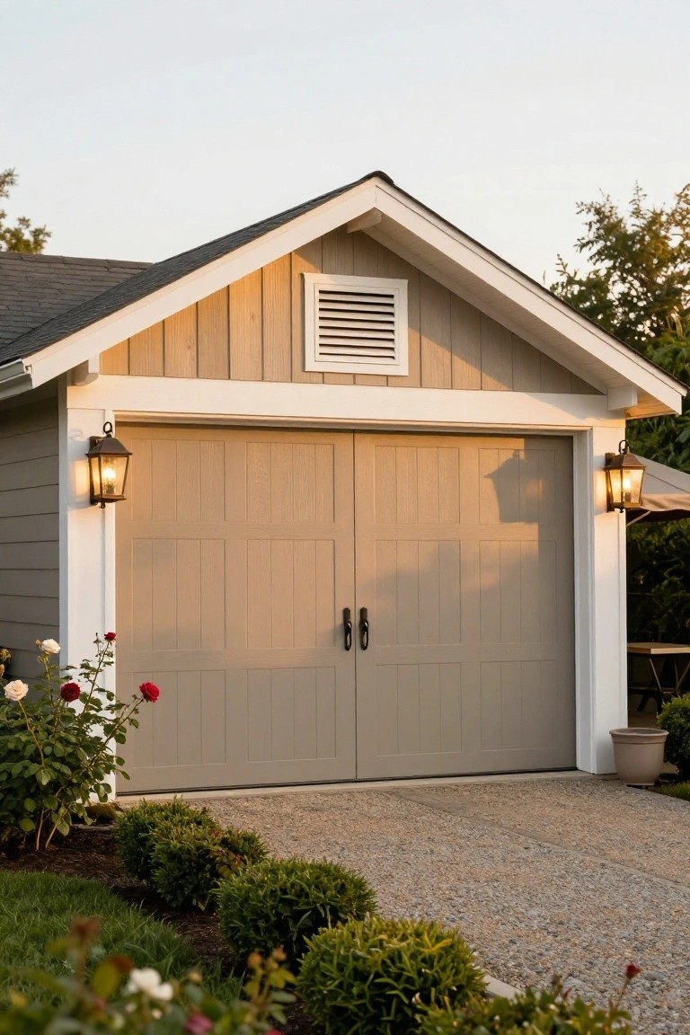 A front view of a detached garage with light wood siding, a gable roof, white trim, double doors, a centered vent, and two wall lanterns.