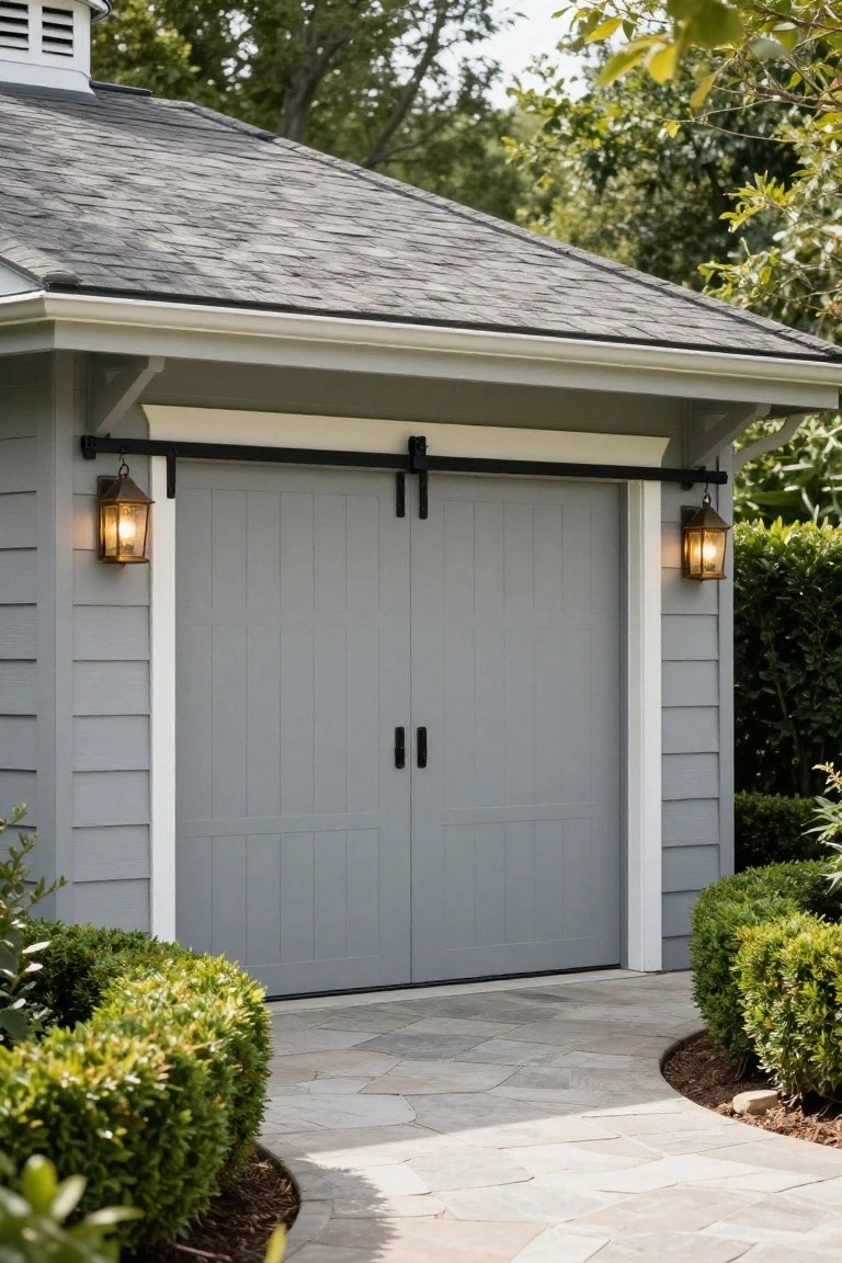 A gray detached garage featuring double sliding barn doors with black metal hardware, flanked by two lit lanterns, with green shrubs and a stone path in front.
