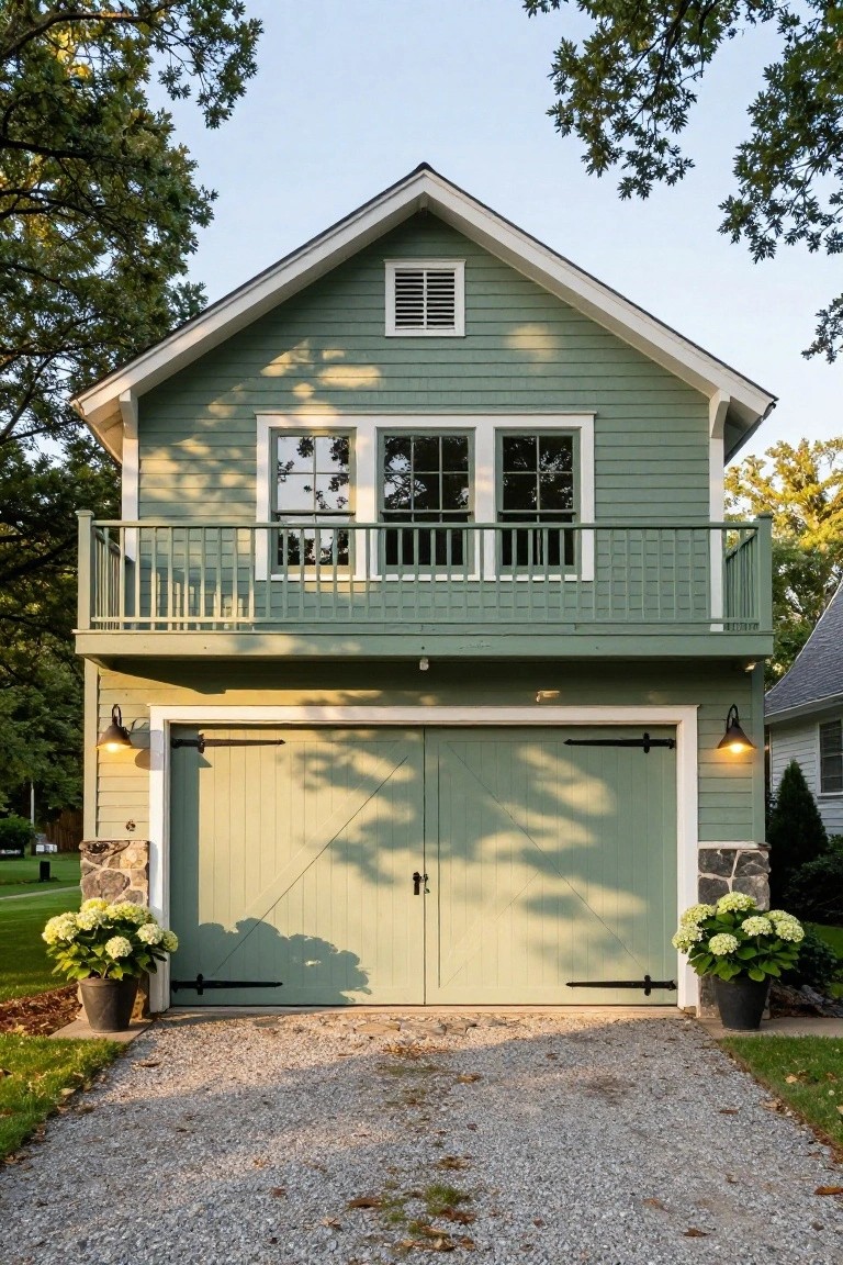 A two-story detached garage with sage green siding, white trim, double barn doors, a second-floor balcony, and stone bases at the corners, set on a gravel driveway with potted plants.