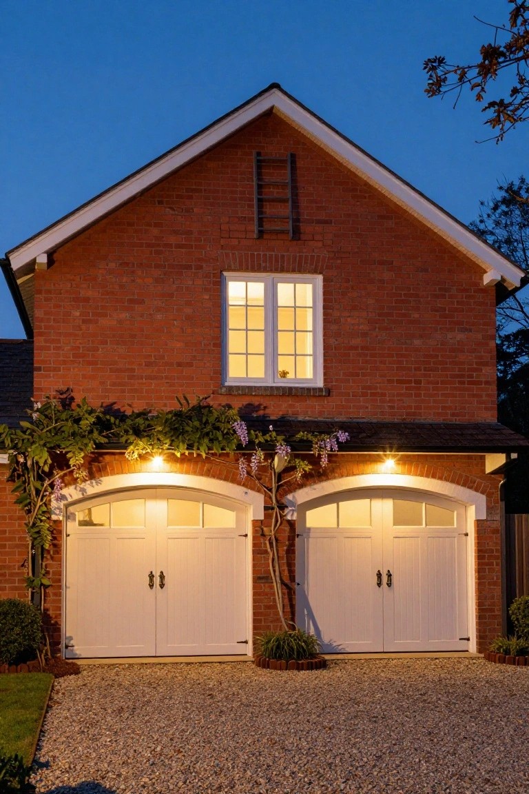 A two-story brick house at dusk with two white garage doors, a central window above them, and climbing vines with small lights along the top edge.