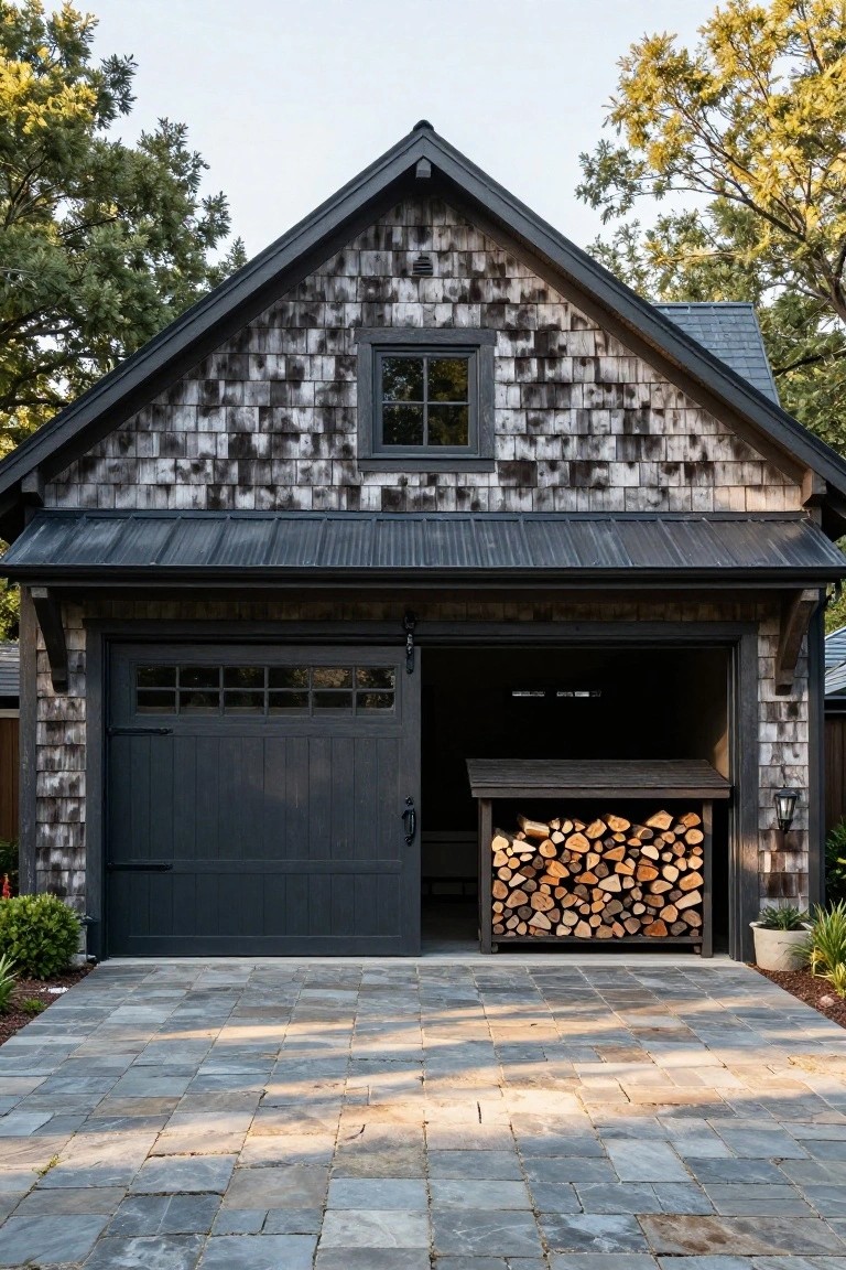 A front view of a detached garage with weathered wood shingle siding on the gable, dark trim, a metal roof overhang, and a firewood rack inside the open right bay.