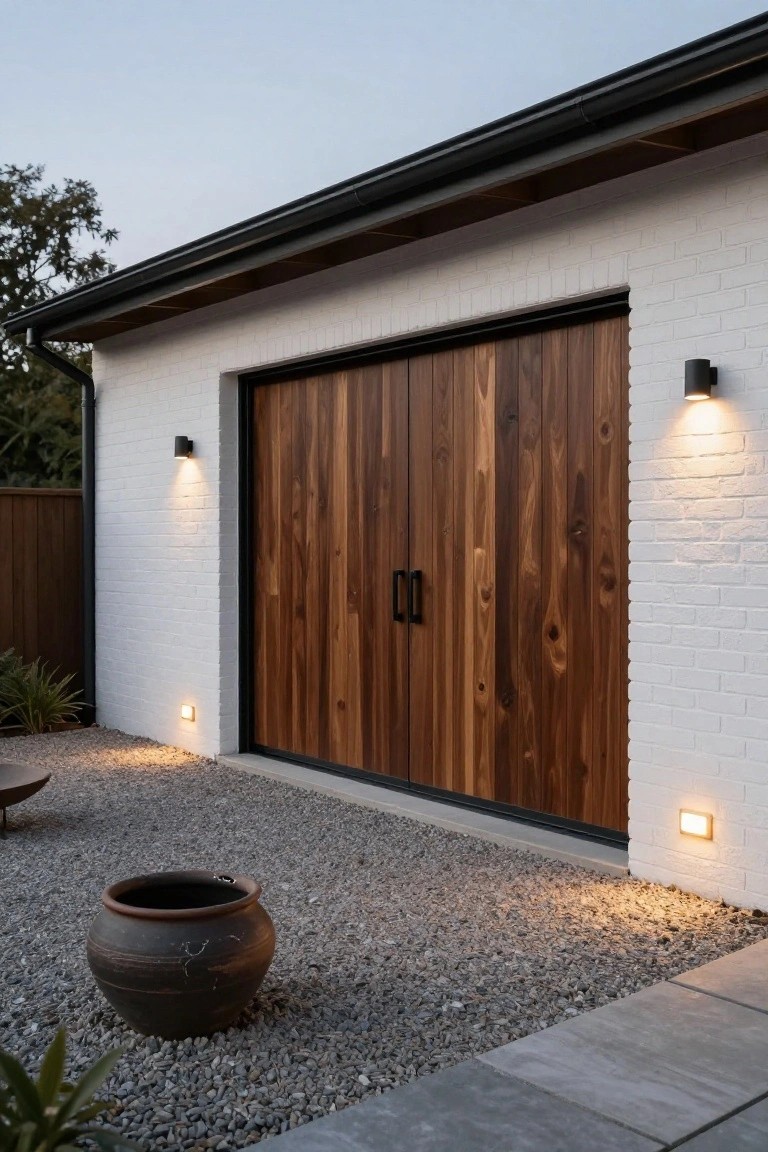 A white brick detached garage with tall dark wood double doors framed in black, flanked by wall sconces on a gravel surface.