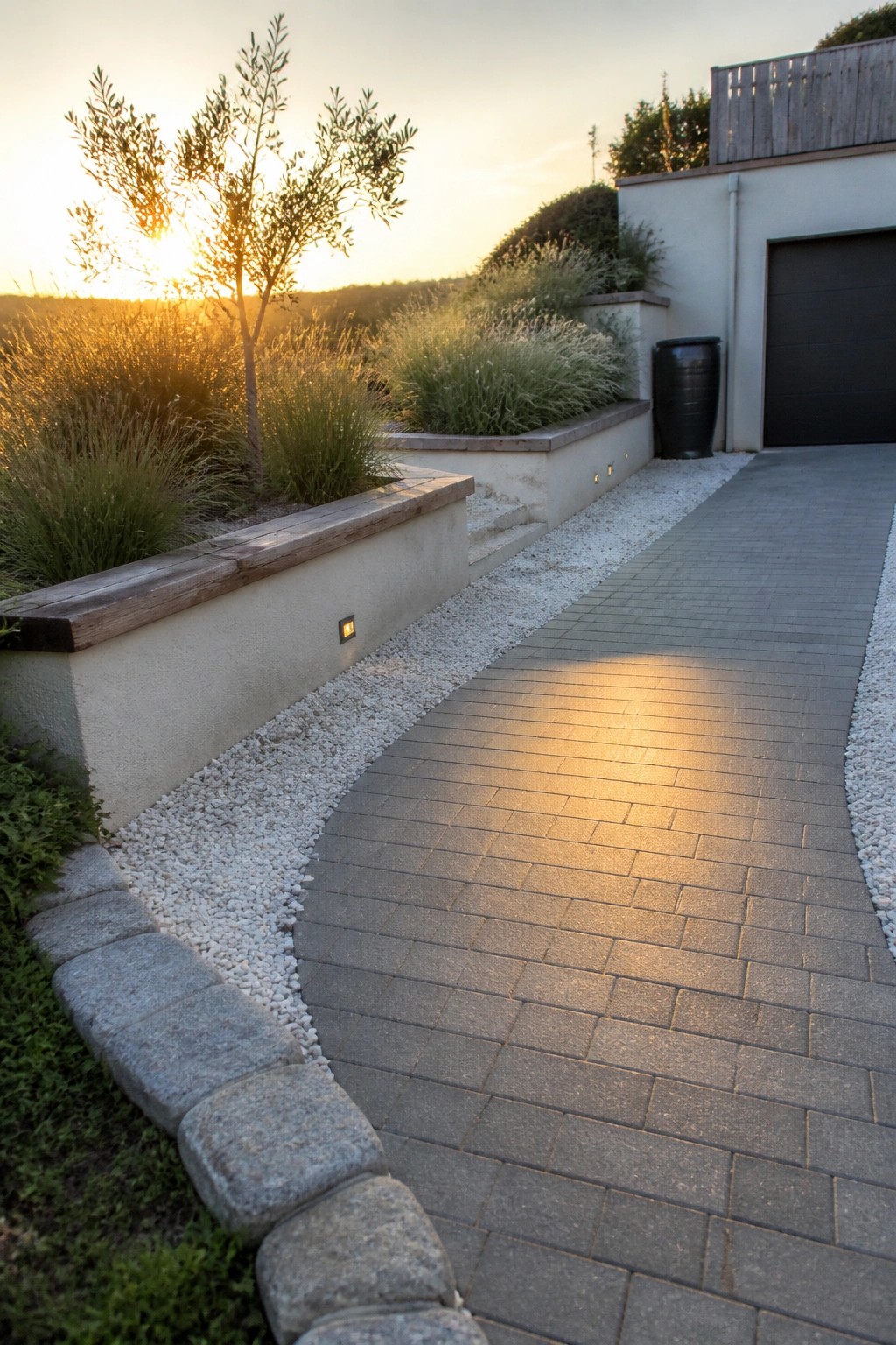 A curved gray paver driveway bordered by white gravel and raised concrete planters with tall grasses and a small tree at sunset.