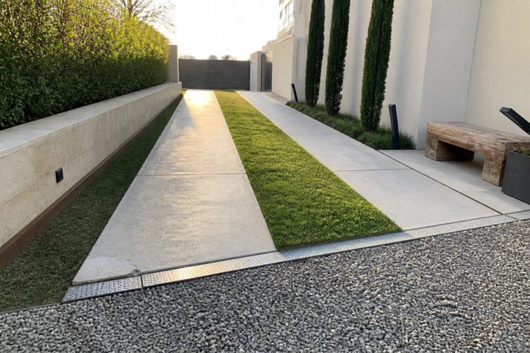 14 Clever Small Driveway Ideas That Maximize Tight Spaces A narrow concrete driveway with a central grass strip runs alongside a modern white house, bordered by tall evergreen trees and gravel.