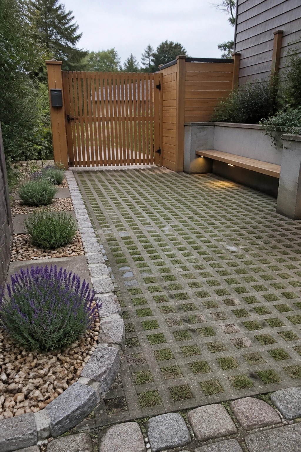 Wooden gate opens to grassy patio with bench, plants, and stone borders.