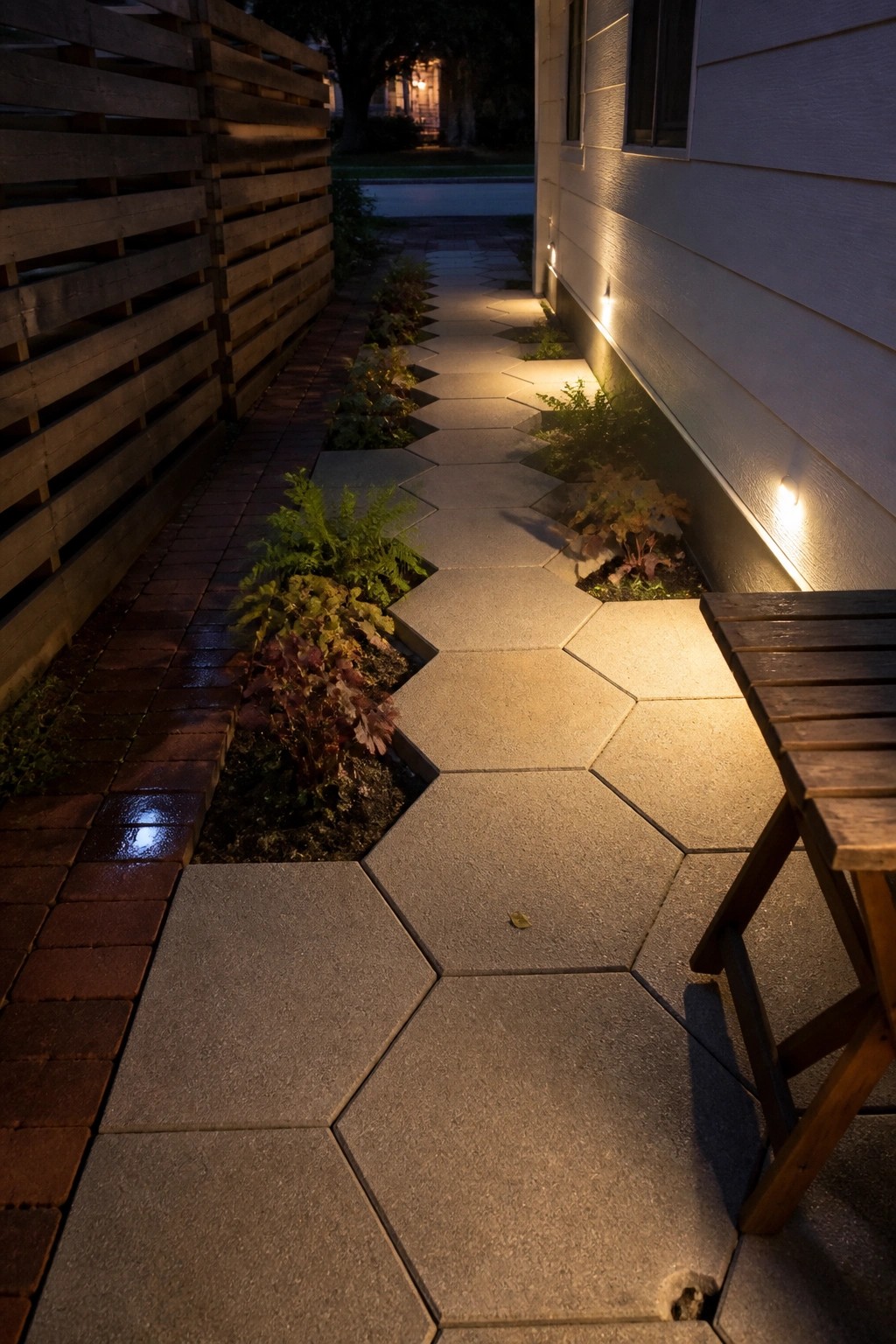 Hexagonal concrete path lit at night beside house with plants and wooden fence