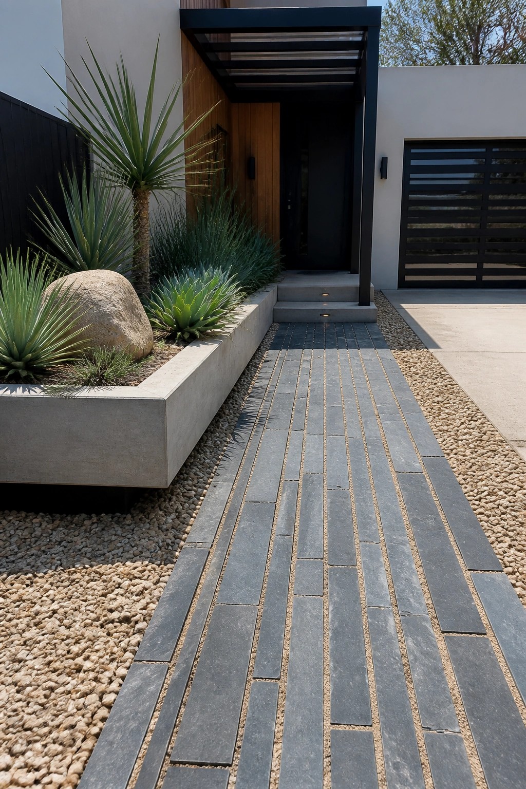 Modern home walkway with gray pavers, gravel borders, and concrete succulent planter