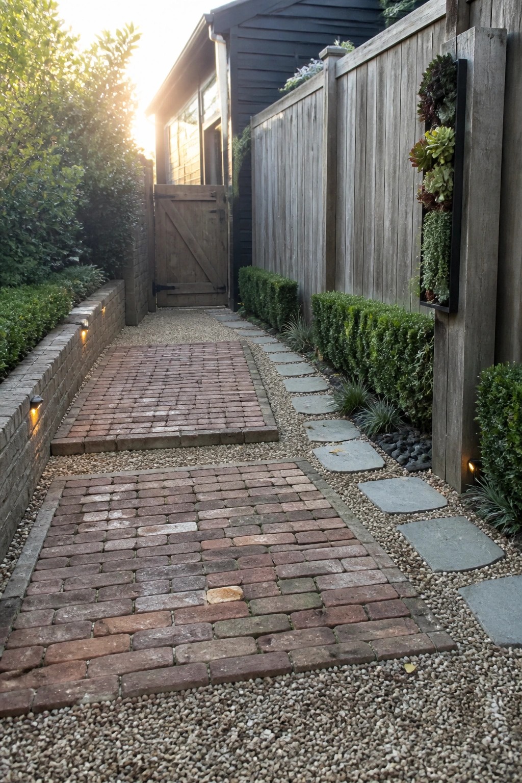 A narrow outdoor path shows sections of red brick pavers bordered by gravel with gray stepping stones, flanked by wooden fencing, shrubs, and a vertical garden panel.