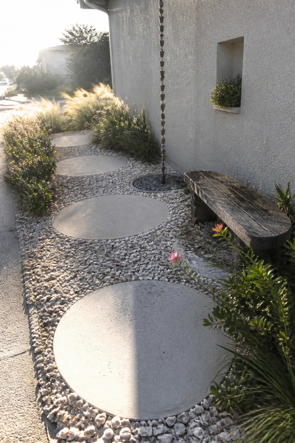 A narrow path of large circular concrete pavers set in gravel runs beside a house wall, with plants along the edges and a wooden bench nearby.