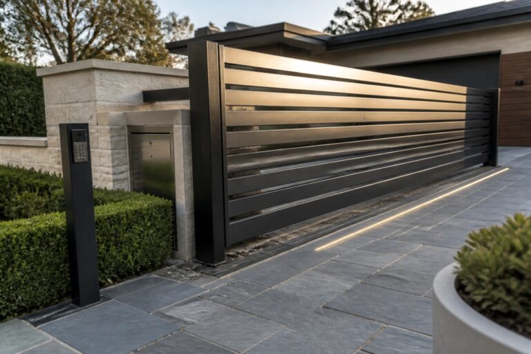 18 Efficient Sliding Gate Designs Ideal for Busy Driveways A dark horizontal slat sliding gate installed beside a stone pillar along a paved driveway with ground lighting.